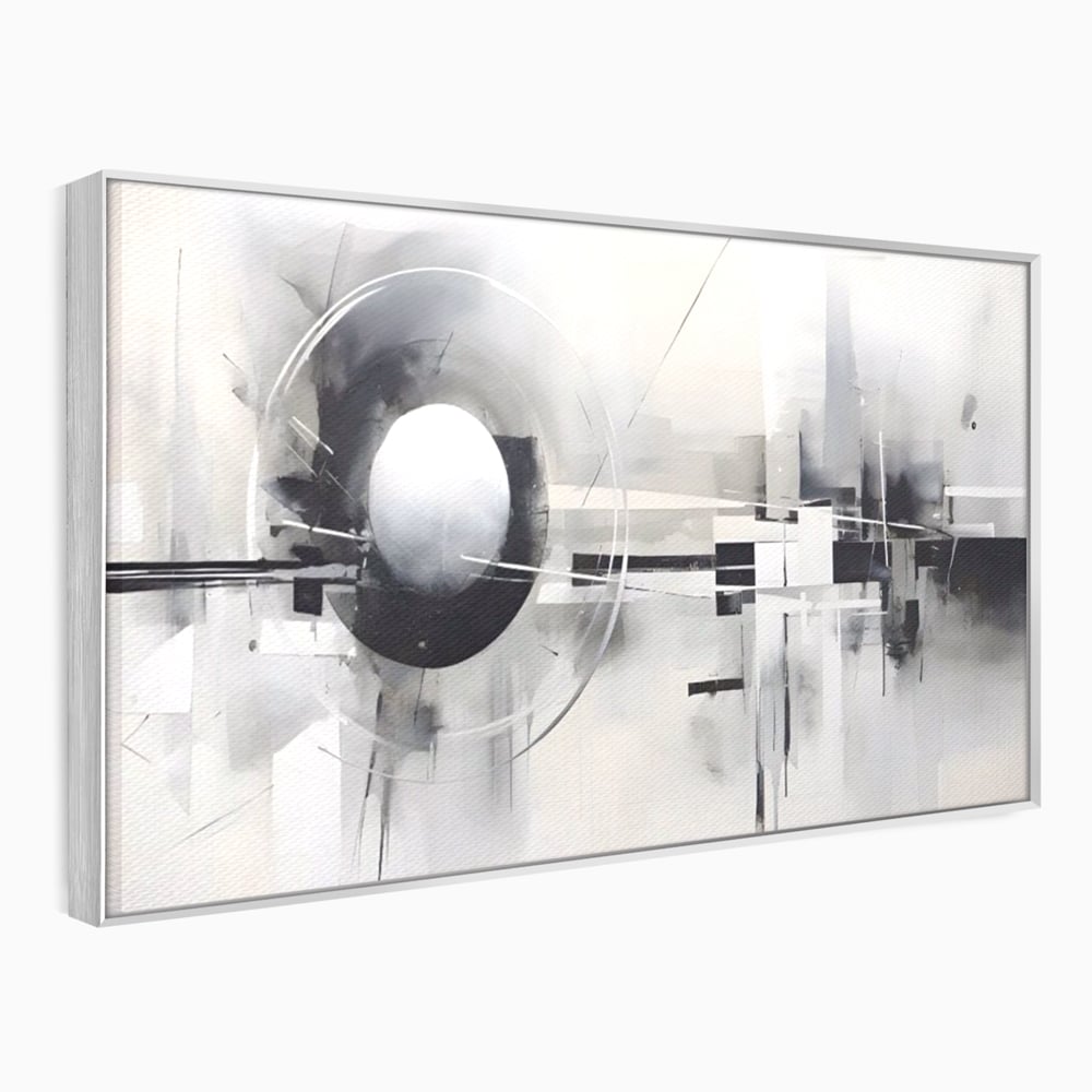 Tablou canvas cu pictura abstracta cu sfera si cercuri, in rama de aluminiu argintiu